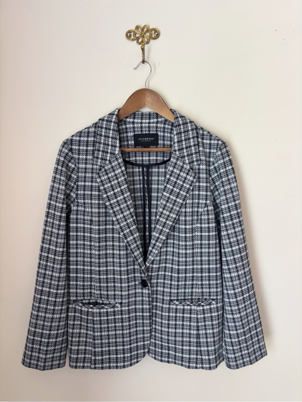 Liverpool Black & White Plaid Stretch Woven Fitted Blazer Large